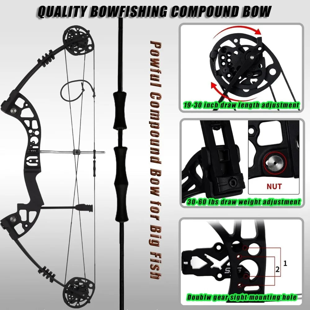 Archery Bowfishing Bow Kits - Professional Powerful 30-60 Lbs Compound Bow for Bow Fishing with Full Bowfishing Gears - Kathy's Sporting Goods