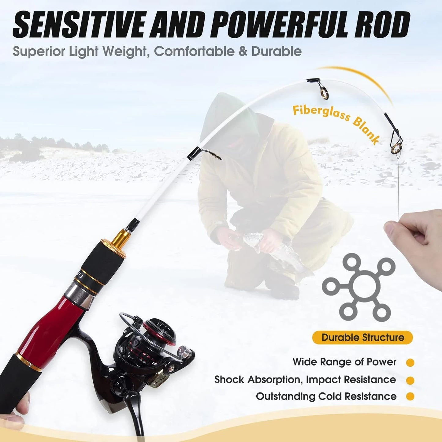 Enhanced Red Ice Fishing Combo with High Visibility - Ideal Medium/Medium Heavy/Extra Heavy Rod & Reel Set