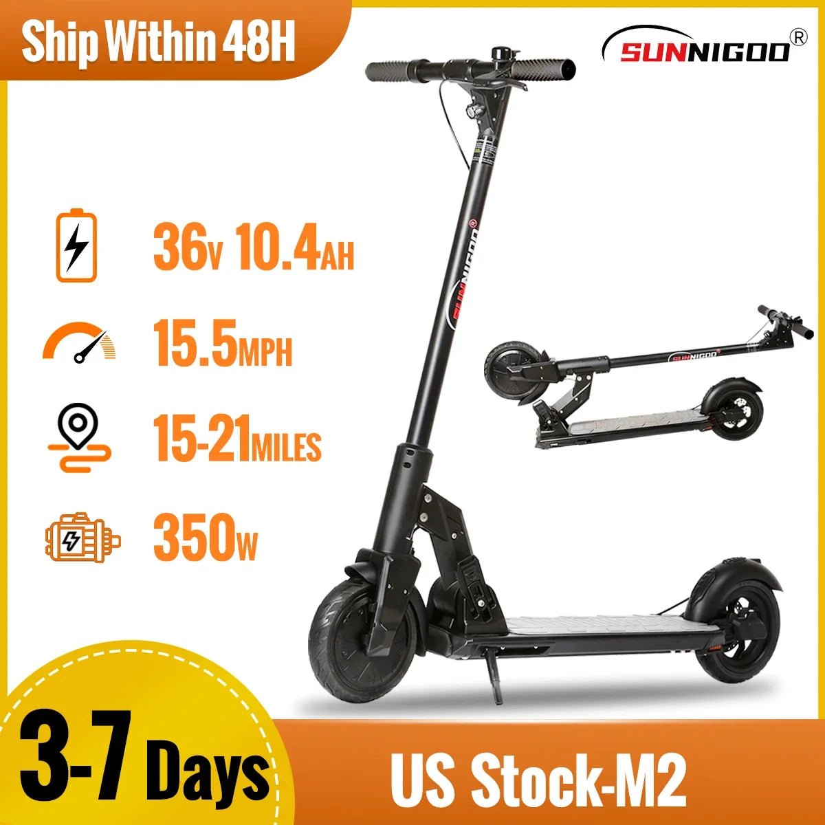 SUNNIGOO Folding Electric Scooter for Adults, Anti-Skid Scooter 350W, 36V, 10AH, 25 km/h - Kathy's Sporting Goods