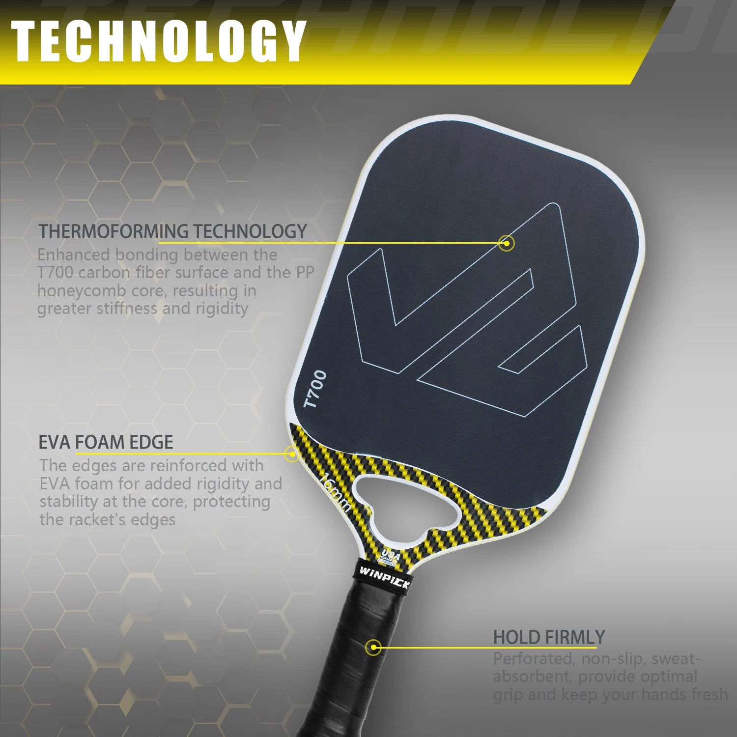 Winpick Professional Thermoformed Raw T700 Carbon Pickleball Paddle USAPA Approved Edgeless for Unmatched Control and Power - Kathy's Sporting Goods