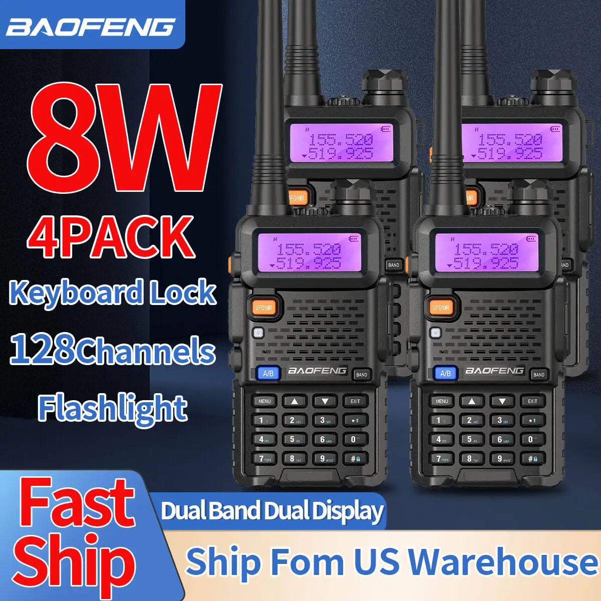 4X Baofeng UV-5R 8W Walkie Talkie Dual Band VHF UHF Long Range High Power Ham Radio UV5R 5R Handheld Two Way Radio For Hunting - Kathy's Sporting Goods