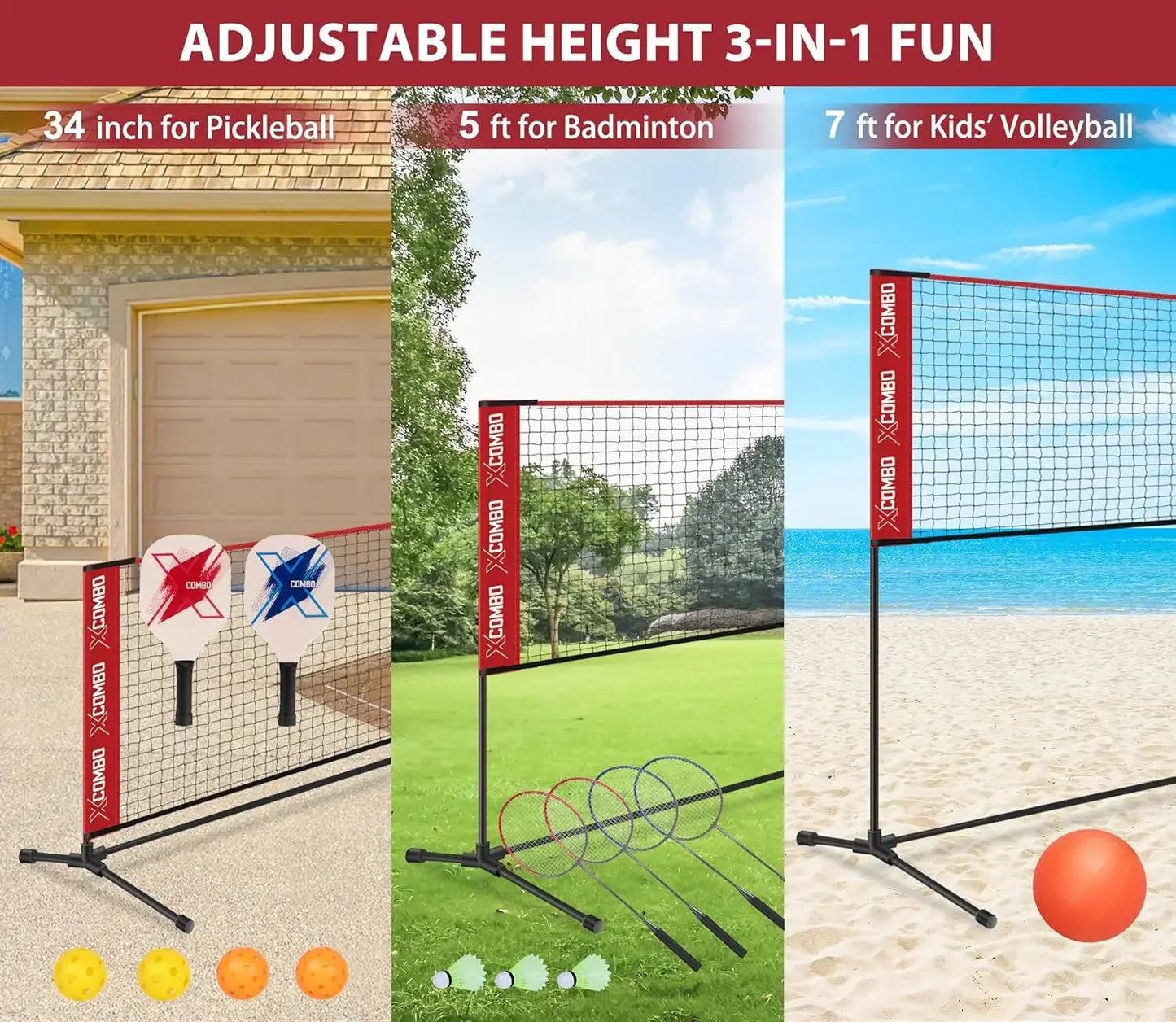 Rackets Sets for Backyards, Kids Volleyball Pickleball Combo Set with Net, Adjustable Width and Height (13.5ft/20ft Wi - Kathy's Sporting Goods