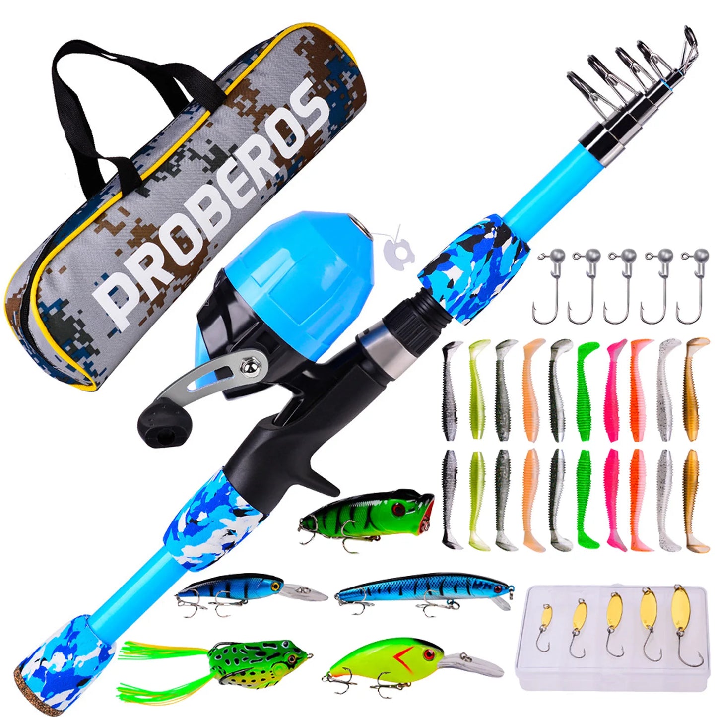 Kids Fishing Pole Set Full Kits W/ Telescopic Fishing Rod And Casting Reel Baits Hooks - Kathy's Sporting Goods