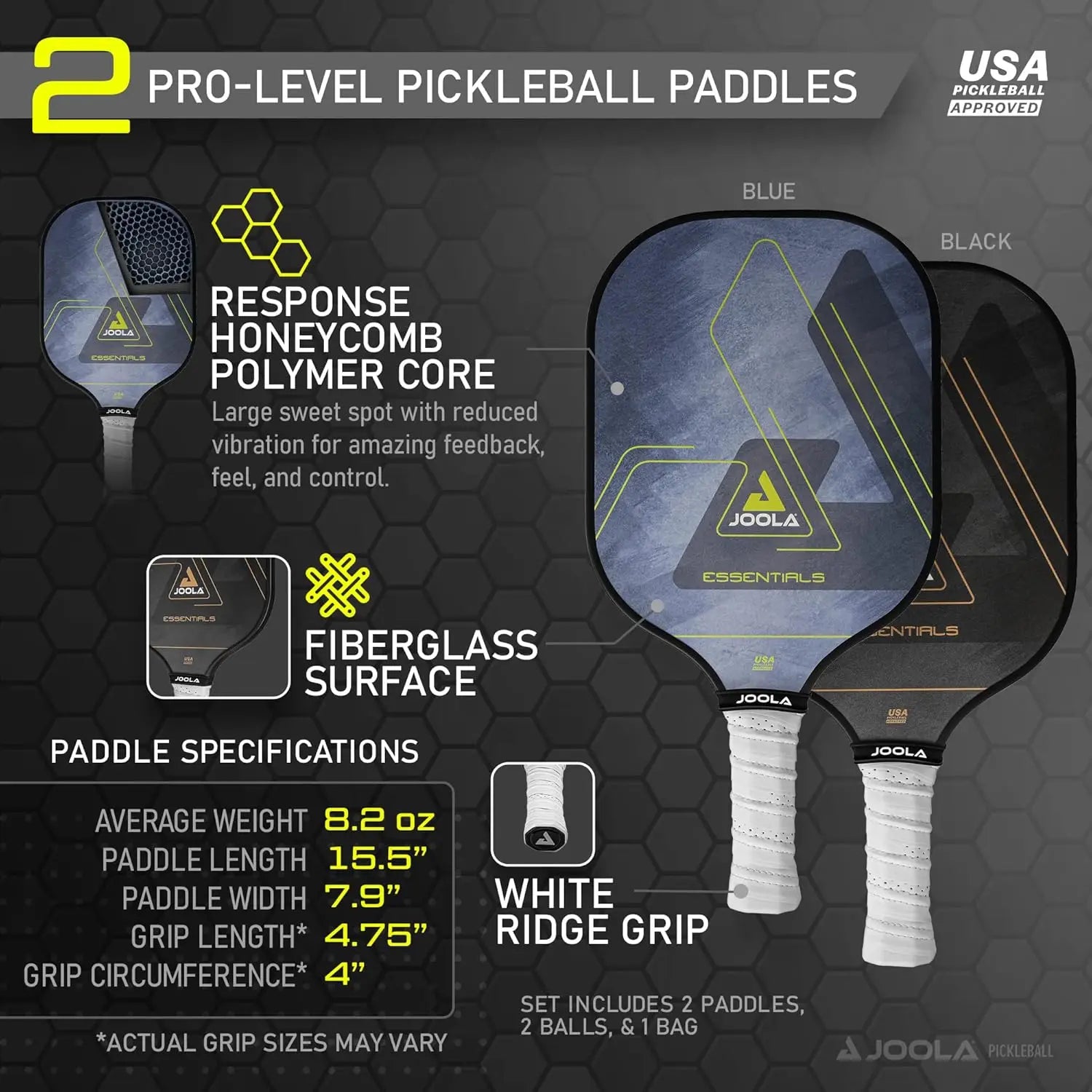 Paddle Set of 2 - Includes 2 Pickleball Rackets, 2 Pickleball Balls, and Bag - Fiberglass Pickleball Paddle - Kathy's Sporting Goods