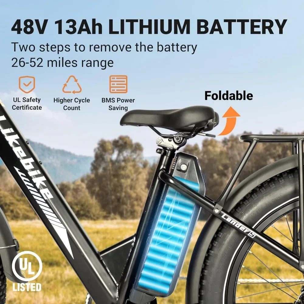 Lander S Adult Electric Bike, UL 2849 Certified, 26 Inch Fat Tire Mountain Electric Bike with 500W Motor and 48V 13Ah Battery - Kathy's Sporting Goods