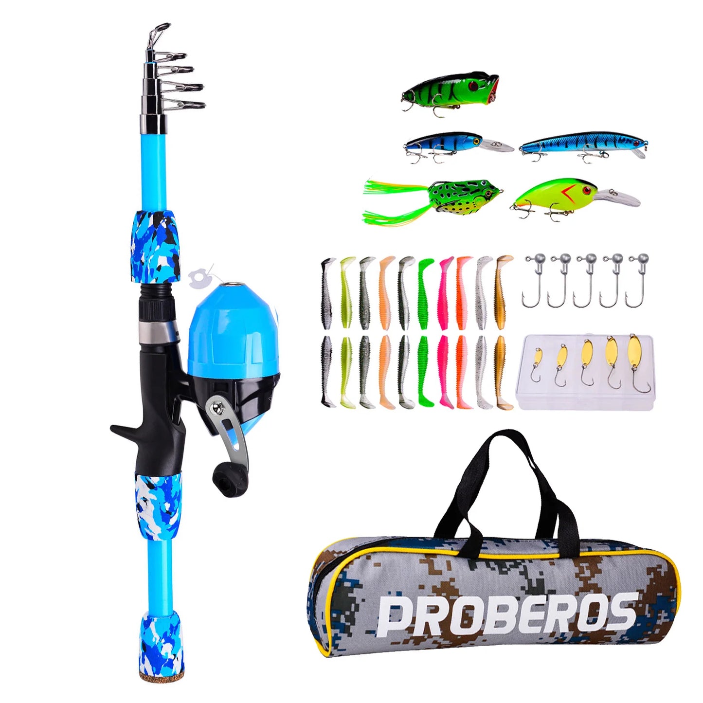 Kids Fishing Pole Set Full Kits W/ Telescopic Fishing Rod And Casting Reel Baits Hooks - Kathy's Sporting Goods