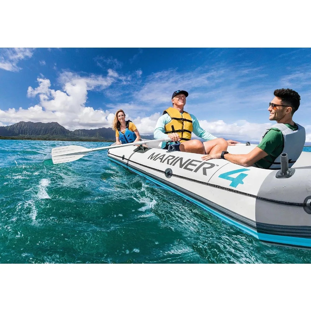 68376EP Mariner 4 Inflatable Boat Set: Includes Deluxe 54in Boat Oars and High-Output Pump – Wear-Resistant Keel - Kathy's Sporting Goods