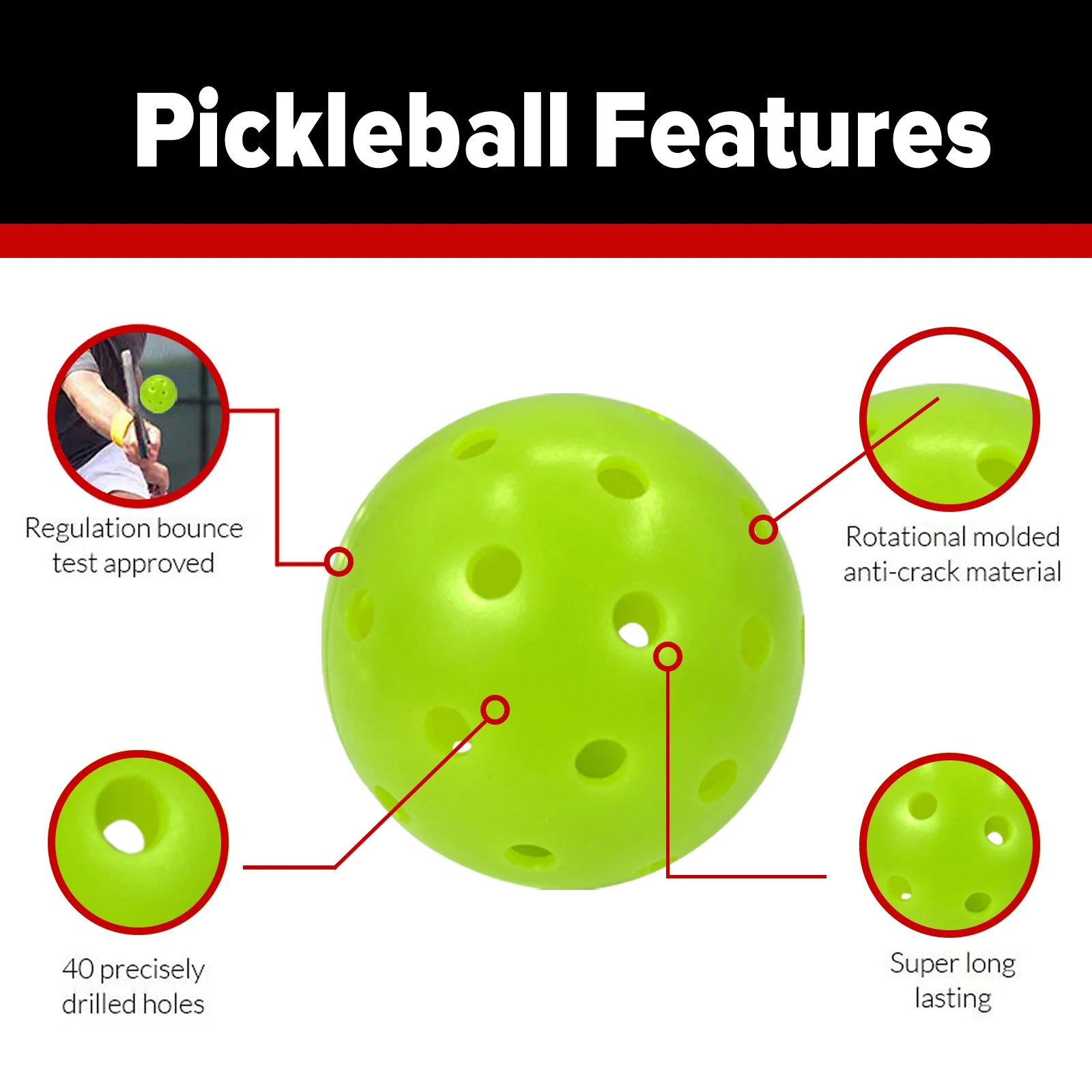 Juciao Competition Ball 40 Hole Outdoor Pickleball Balls Lime Green Pickleballs High Bounce True Flight, Durable - Kathy's Sporting Goods