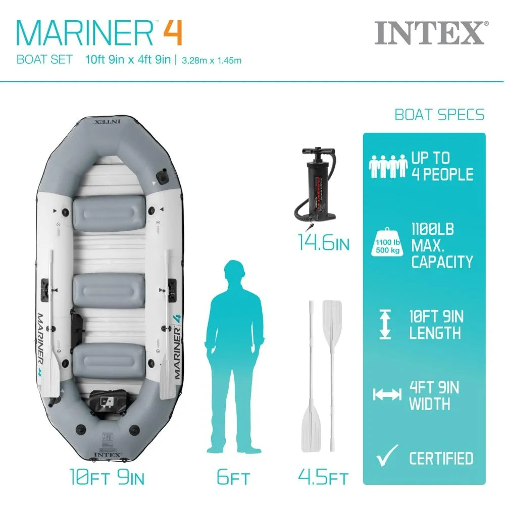 68376EP Mariner 4 Inflatable Boat Set: Includes Deluxe 54in Boat Oars and High-Output Pump – Wear-Resistant Keel - Kathy's Sporting Goods