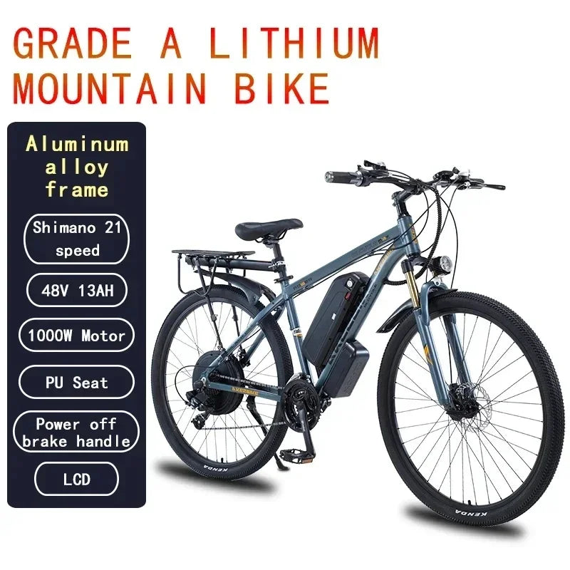 AKEZ Mountain E-bicycle 1000W Motor 48V13AH Lithium battery 21 Speed Urban Commuter Electric bicycle 55KM/H - Kathy's Sporting Goods