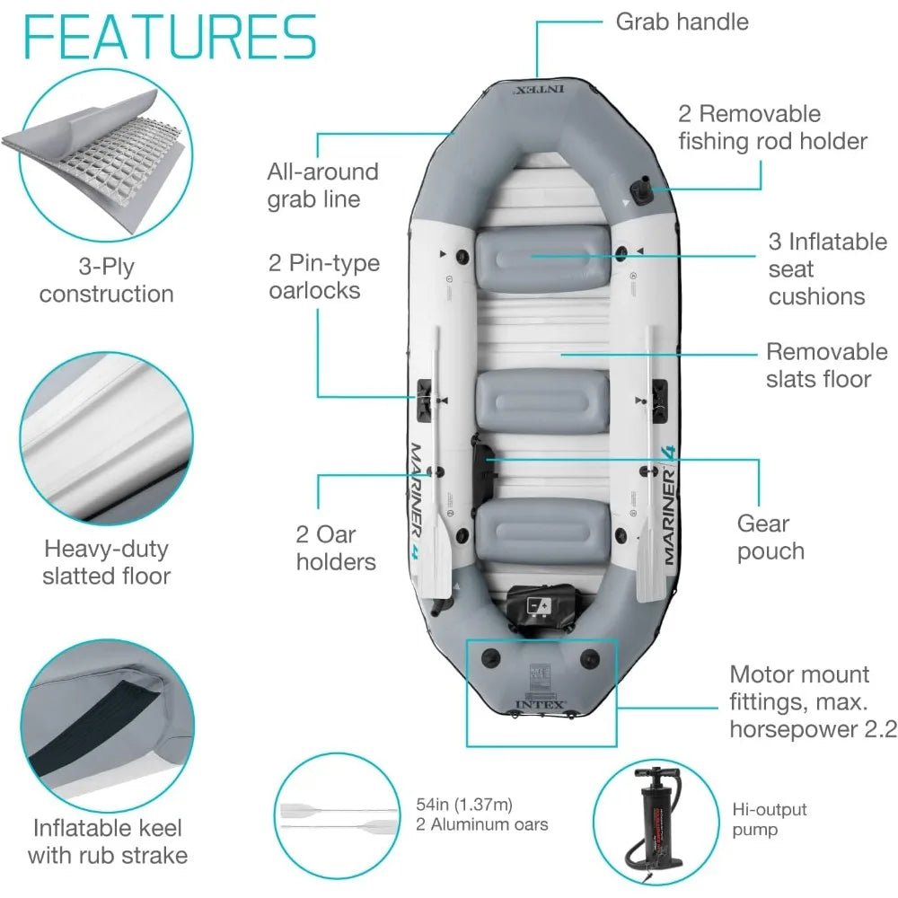 68376EP Mariner 4 Inflatable Boat Set: Includes Deluxe 54in Boat Oars and High-Output Pump – Wear-Resistant Keel - Kathy's Sporting Goods