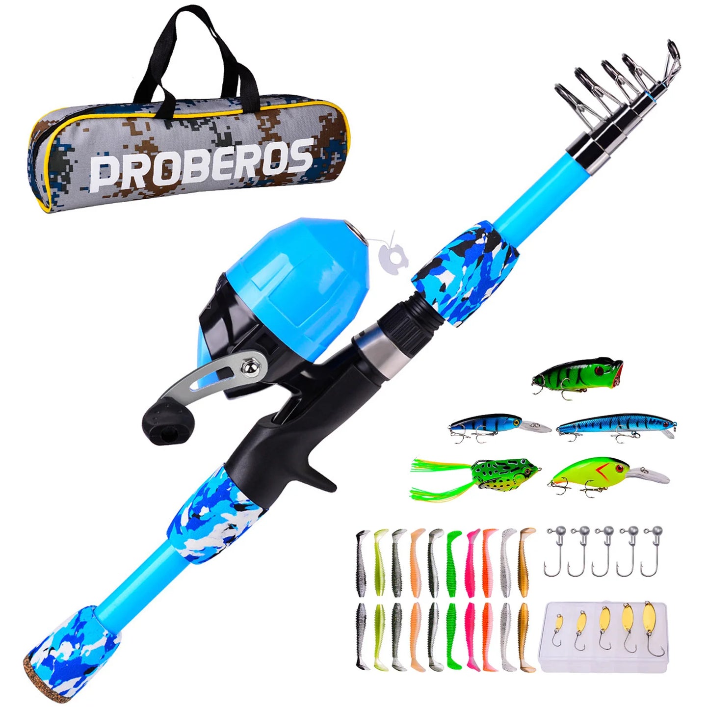 Kids Fishing Pole Set Full Kits W/ Telescopic Fishing Rod And Casting Reel Baits Hooks - Kathy's Sporting Goods