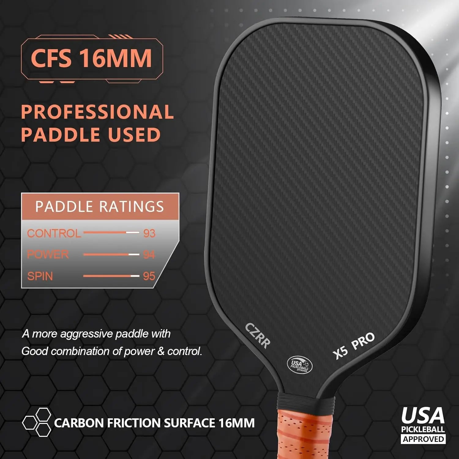 USA Pickleball Approved, 3K Raw Carbon Fiber Surface (CFS) High Grit & Spin, with 16MM Polypropylene Honeycom - Kathy's Sporting Goods