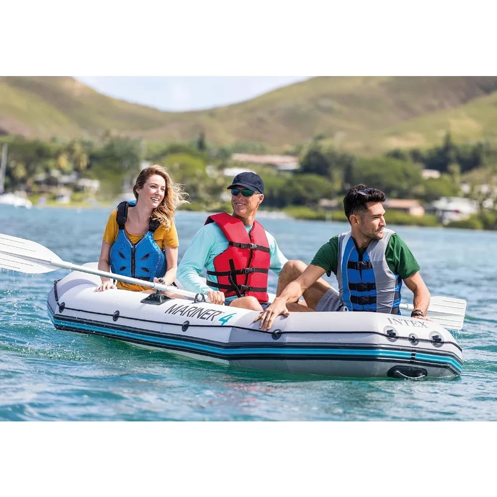 68376EP Mariner 4 Inflatable Boat Set: Includes Deluxe 54in Boat Oars and High-Output Pump – Wear-Resistant Keel - Kathy's Sporting Goods