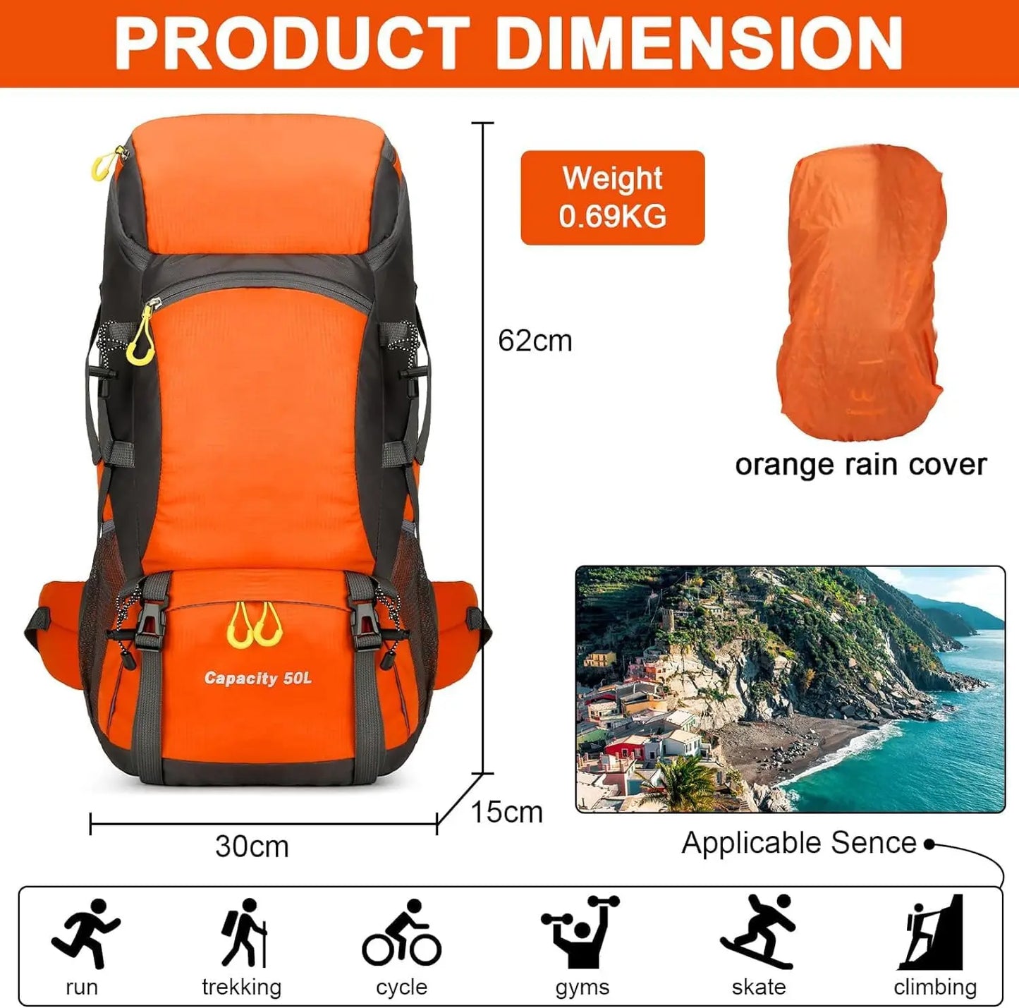 Hiking Backpack Waterproof 50L Lightweight Travel Backpack with Rain Cover for Camping Trekking Hiking Walking Outdoor Sports - Kathy's Sporting Goods