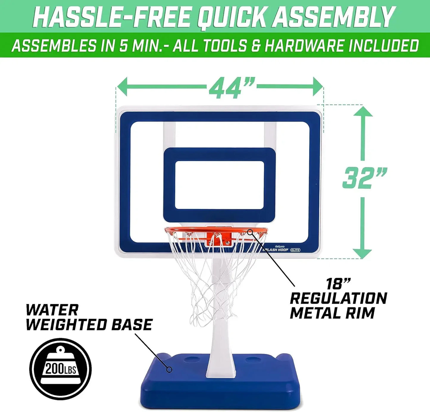 Splash Hoop Elite Pool Hoop Basketball Game with Water Weighted Base, Adjustable Height, Regulation Steel Rim